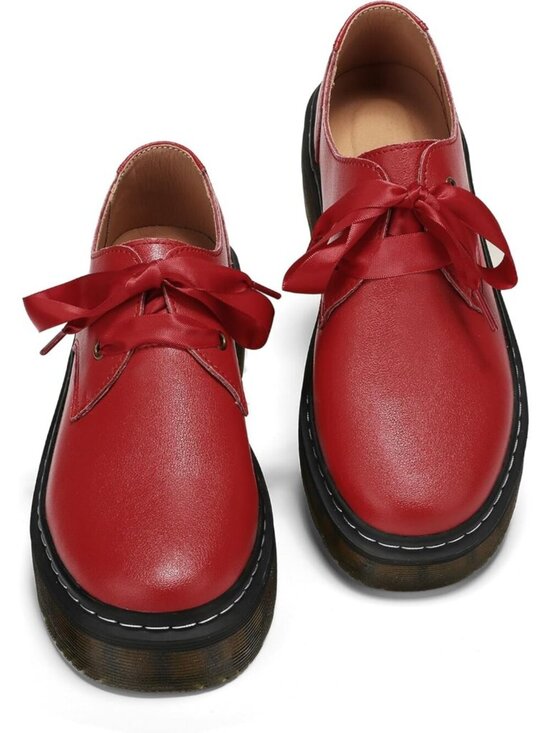 Shoes - Women’s Dark Red Lace-Up Platform Chunky Loafers Office Dress Shoes